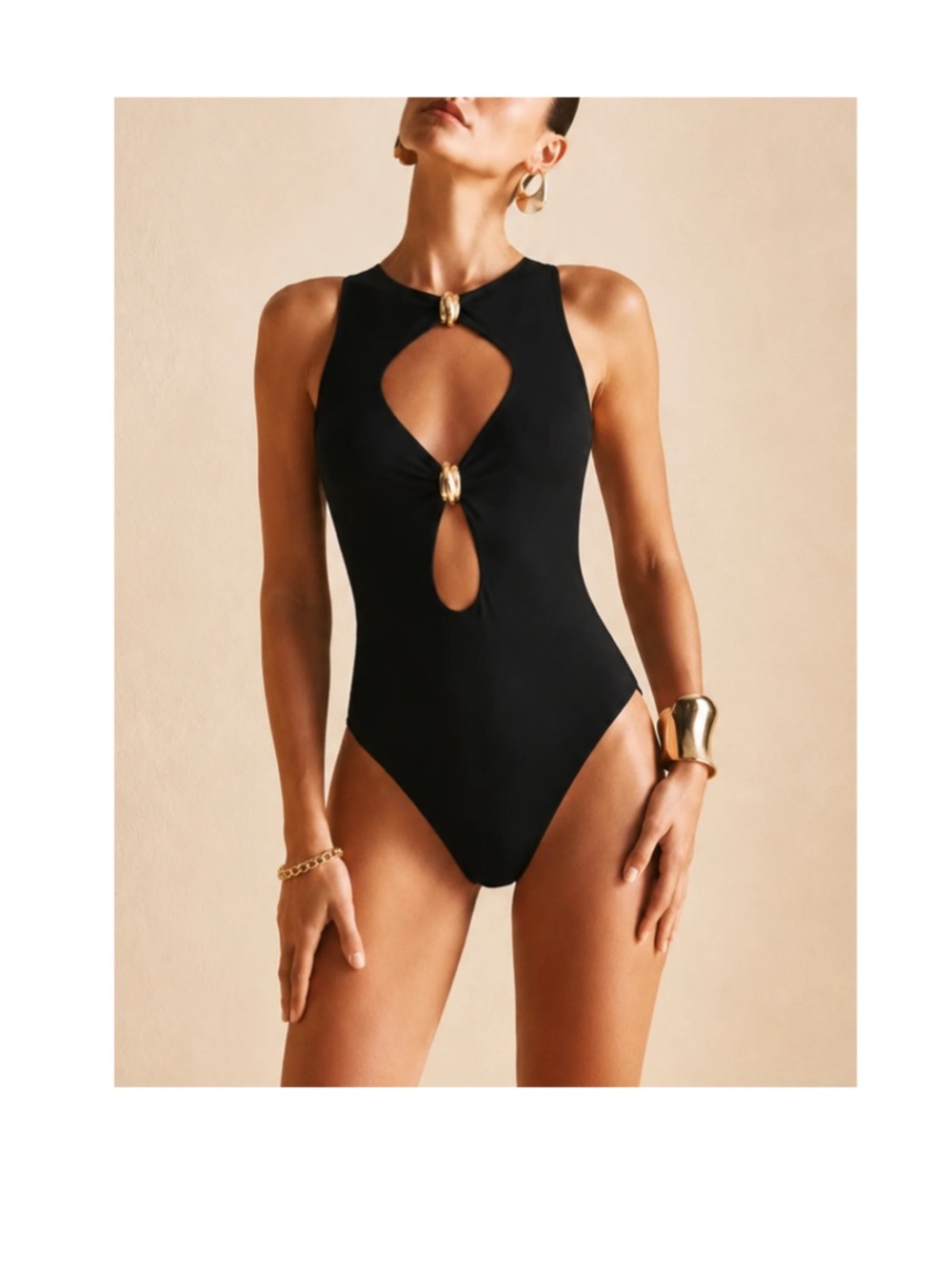Commense Black One-Piece Swimsuit with Gold Ring Accents